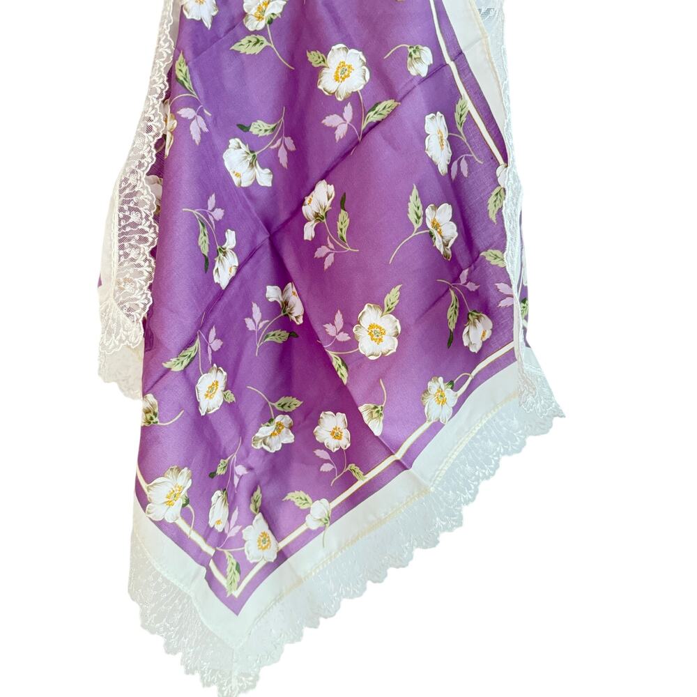 Vintage Guy Laroche Paris Cotton Scarf Purple Floral 19"x19" Lace Trim NWT